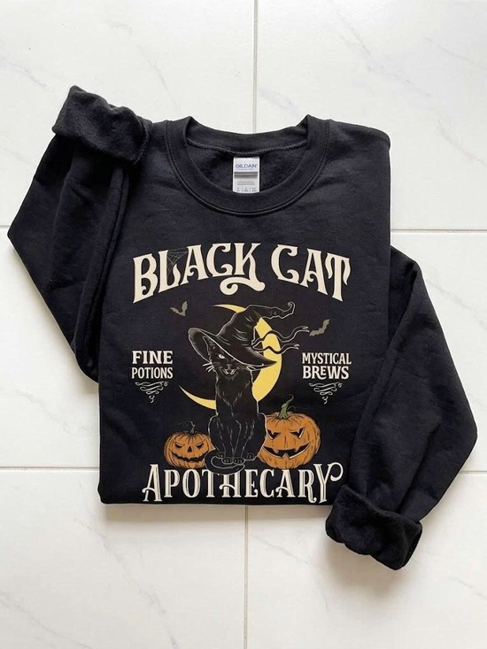 Gildan Sweaters - Vintage Black Cat Apothecary Halloween Sweatshirt Witchy Spooky Season Jumper
